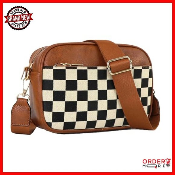 PU Leather Crossbody Bag Adjustable Strap Checkerboard Plaid Handbag - Picture 2 of 7